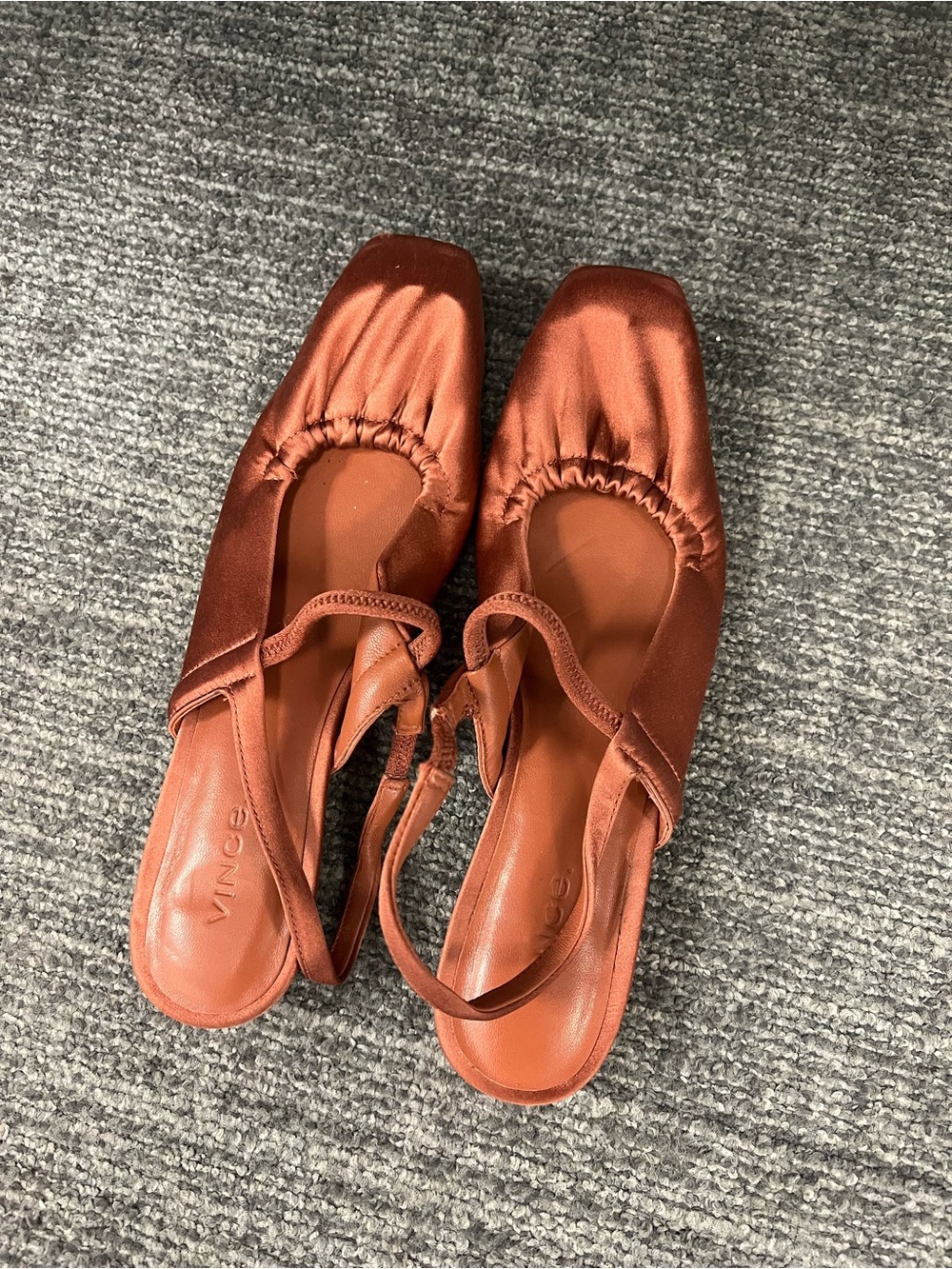 Vince Satin Square-Toe Slingback Flats in Rust